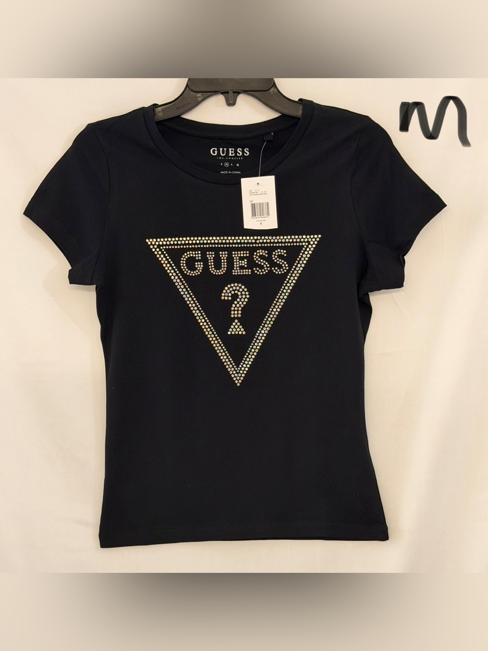 Guess Black Short Sleeve Tee with Crystal Triangle Logo